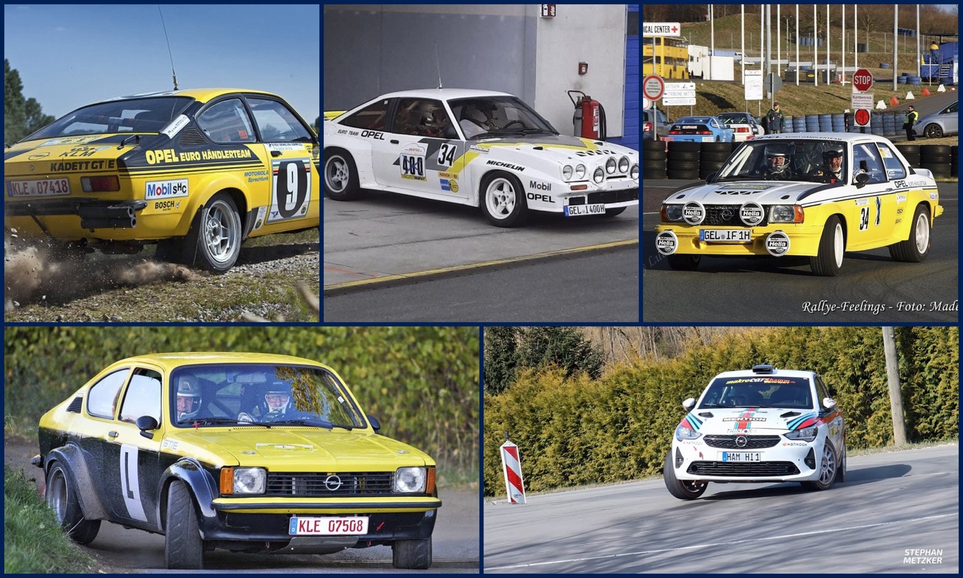Historische Opel-Rallyefahrzeuge im Vergleich mit dem aktuellen Corsa RC4